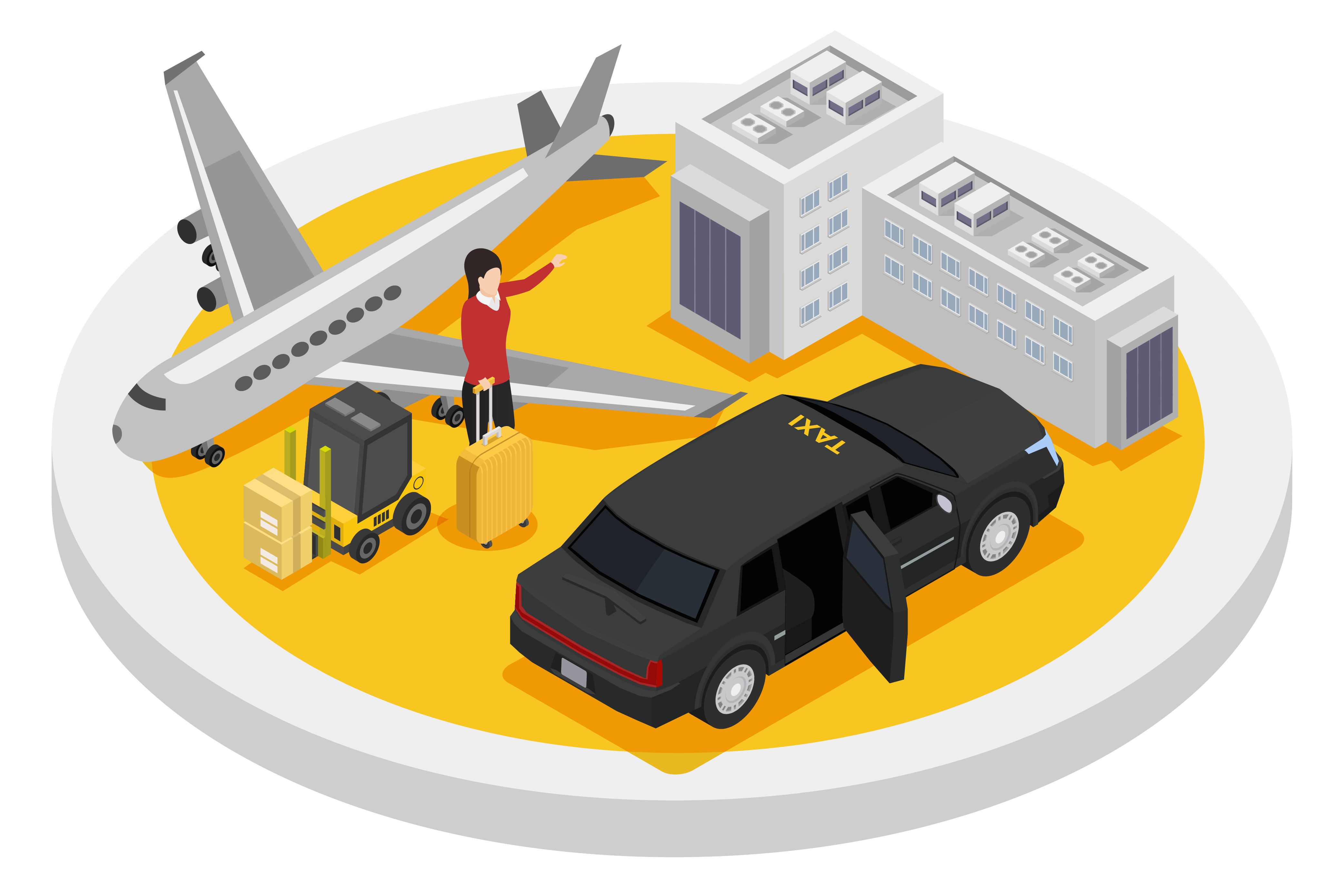 Taxi4Gent airport transfer service featuring a businesswoman with luggage, an airplane, and a taxi waiting near the terminal.