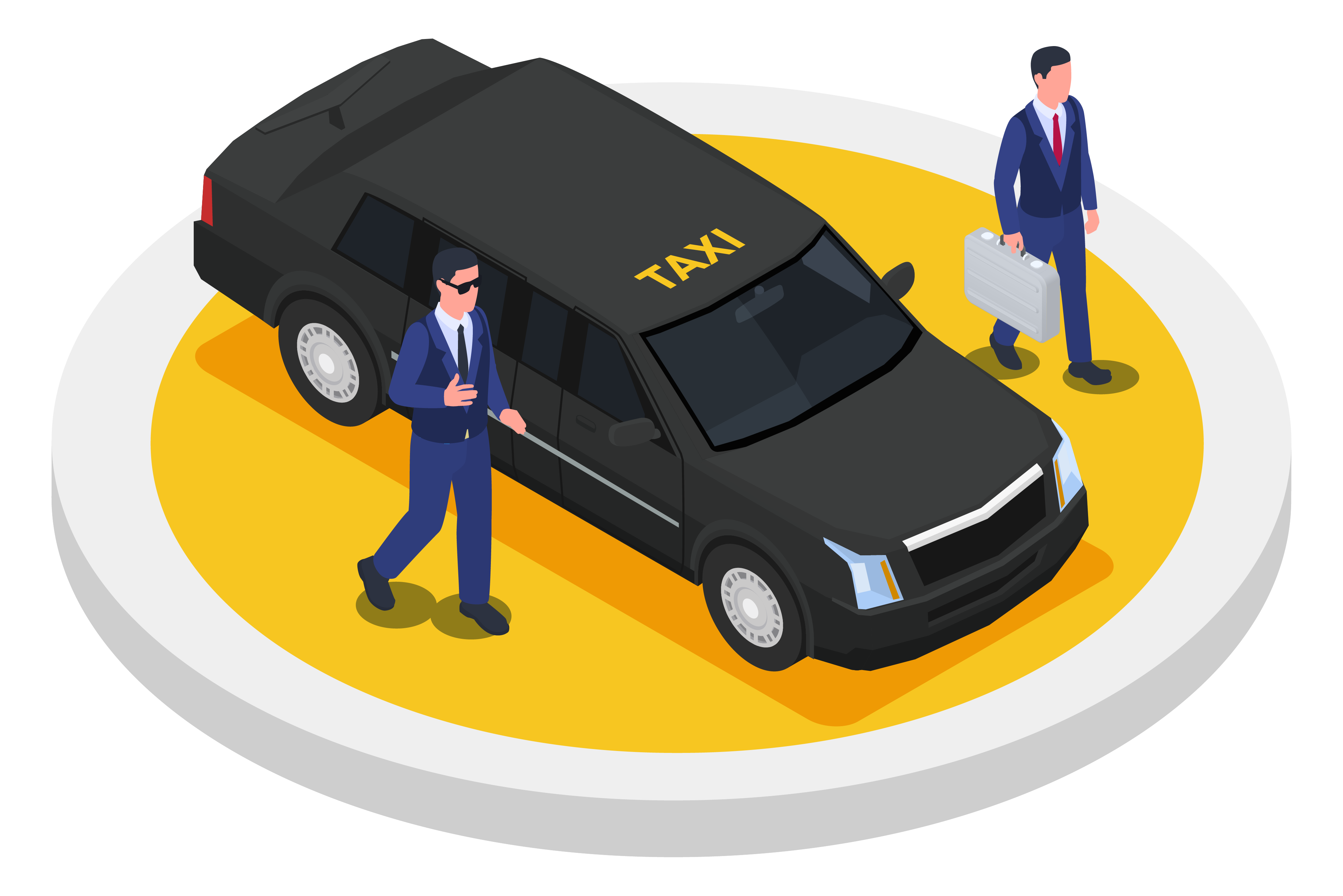 Taxi4Gent private driver service showing a female traveler with suitcase, hotel building, and map pin location.