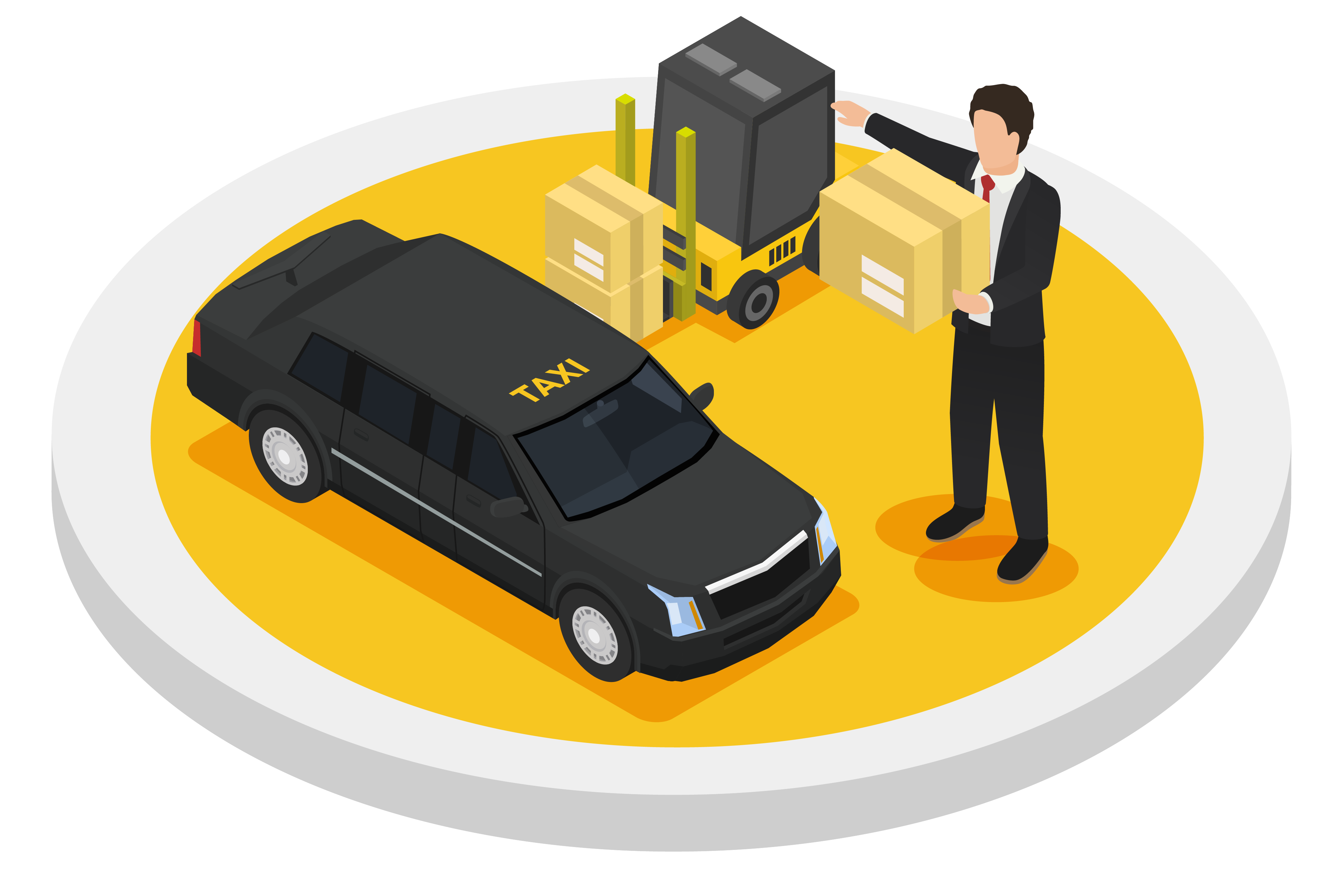 Taxi4Gent parcel delivery service featuring a professional handling packages near a forklift and executive black taxi.